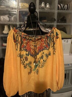 Boho Embroidered Off-Shoulder Top in Mustard Yellow